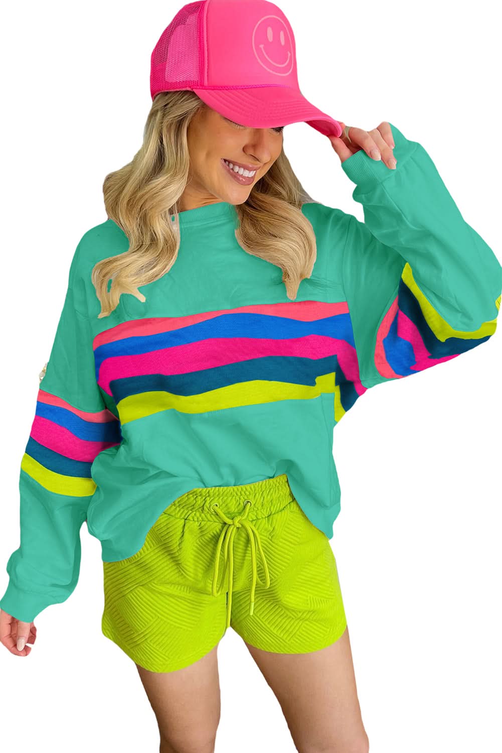 Green Colorful Striped Accent Long Sleeve T Shirt - Love Salve